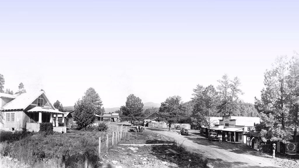 1930s Photo of the Wingfield house on the left and the row of stores owned by the Wingfield Family on the Right